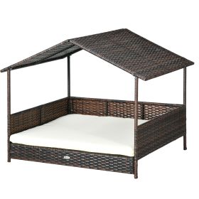 PawHut Rattan Outdoor Dog Bed with Canopy Soft Cushion Removable Cover Medium Large Dogs Cream White